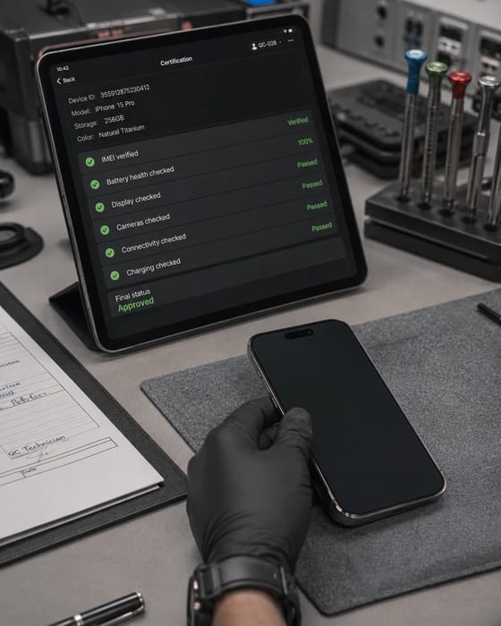 Technicien Masnet certifiant un iPhone via une checklist de contrôle qualité sur tablette en atelier
