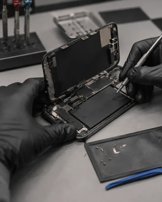 Technicien Masnet inspectant les composants internes d'un iPhone démonté en atelier