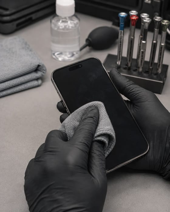 Technicien Masnet nettoyant l'écran d'un iPhone avec un chiffon en microfibre en atelier