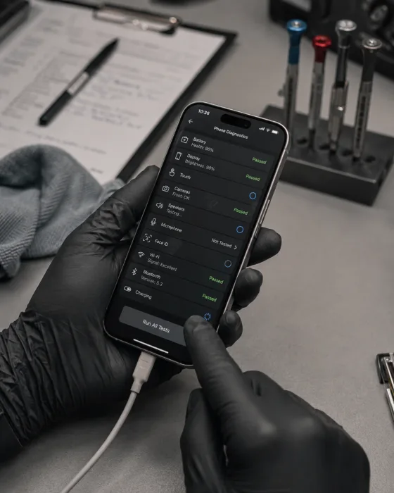 Technicien Masnet exécutant des tests de diagnostic sur un iPhone branché en atelier